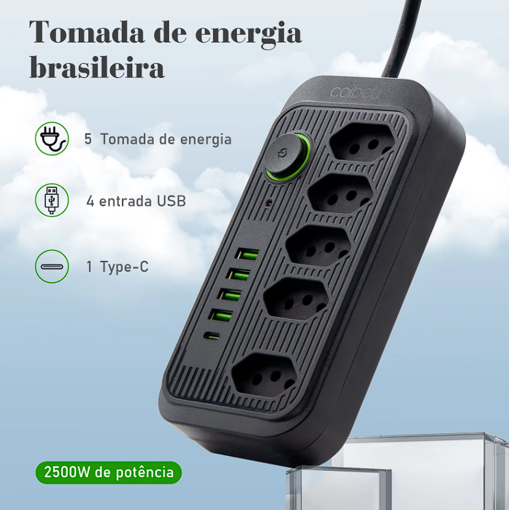 Extensão Elétrica de 4, 5 e 6 Tomadas, com porta USB e USB-C